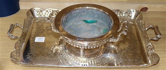 A silver plated two handled tray, of shaped rectangular outline and a rose bowl